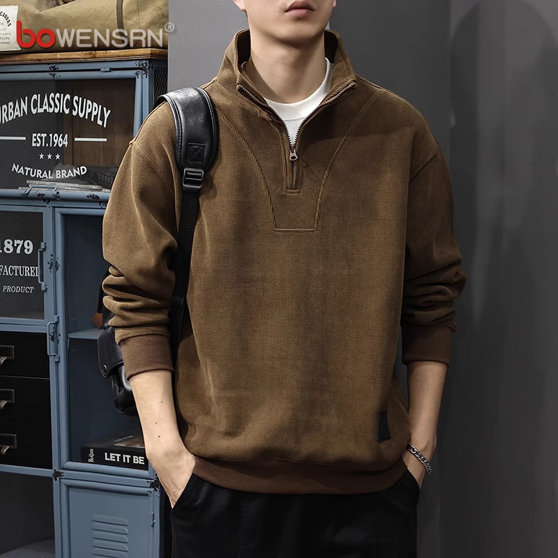 高端灯芯绒卫衣男士2025新款春秋冬季加绒宽松半拉链立领上衣男款