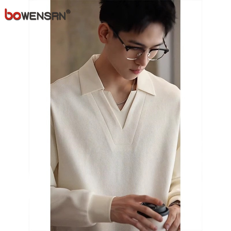 高级感假两件polo衫男士长袖t恤2025新款春秋冬季v领痞帅卫衣男款