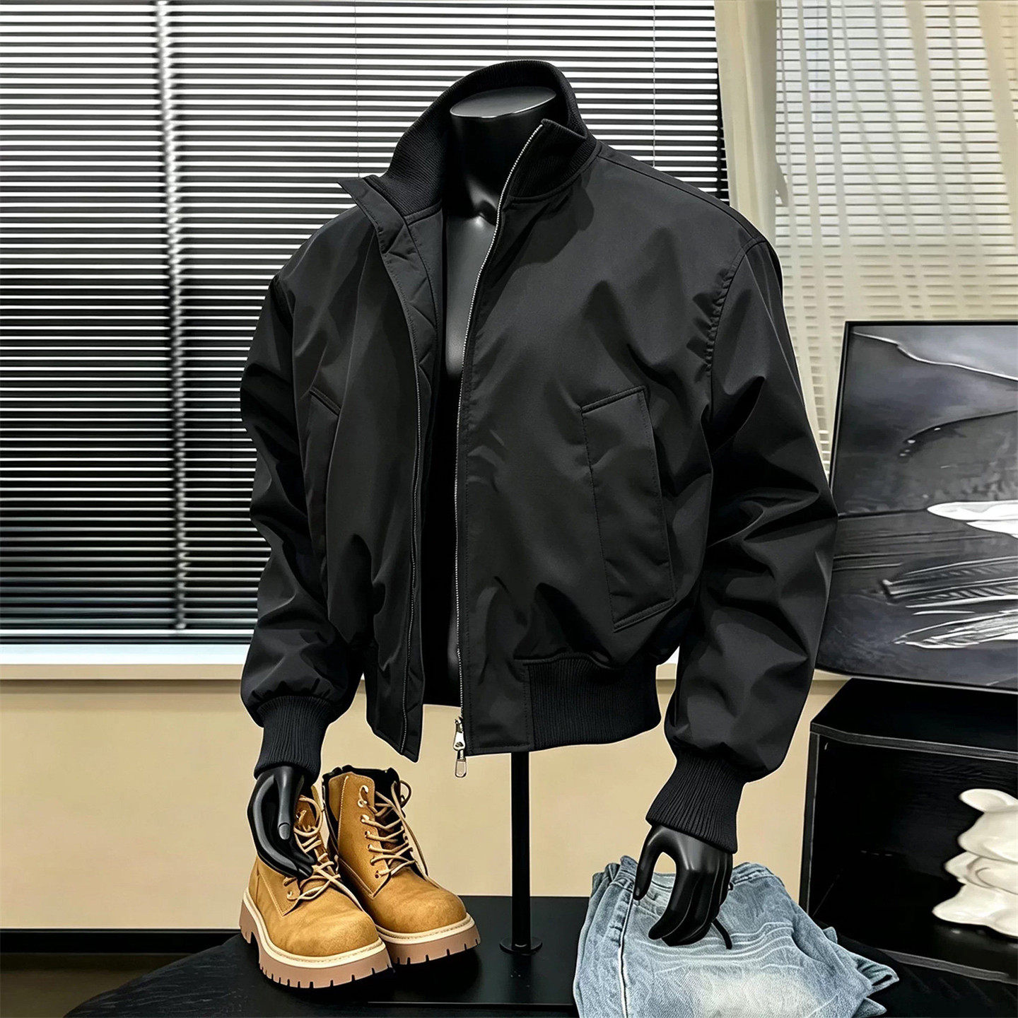 美式cleanfit黑色短款工装飞行夹克男士秋季三防立领棒球服外套潮