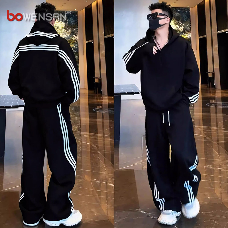 潮牌三条杠休闲运动套装男士2025新款春秋冬季半拉链卫衣卫裤男款