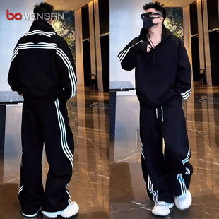 潮牌三条杠休闲运动套装男士2025新款春秋冬季半拉链卫衣卫裤男款