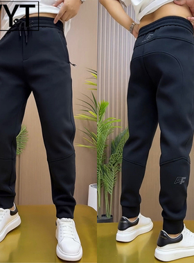 高端男士刺绣束脚运动裤秋冬季加绒卫裤2025新款黑色休闲小脚男裤