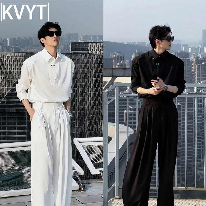 轻奢男士衬衫套装2025新款秋季一整套穿搭男装两件套长袖长裤搭配