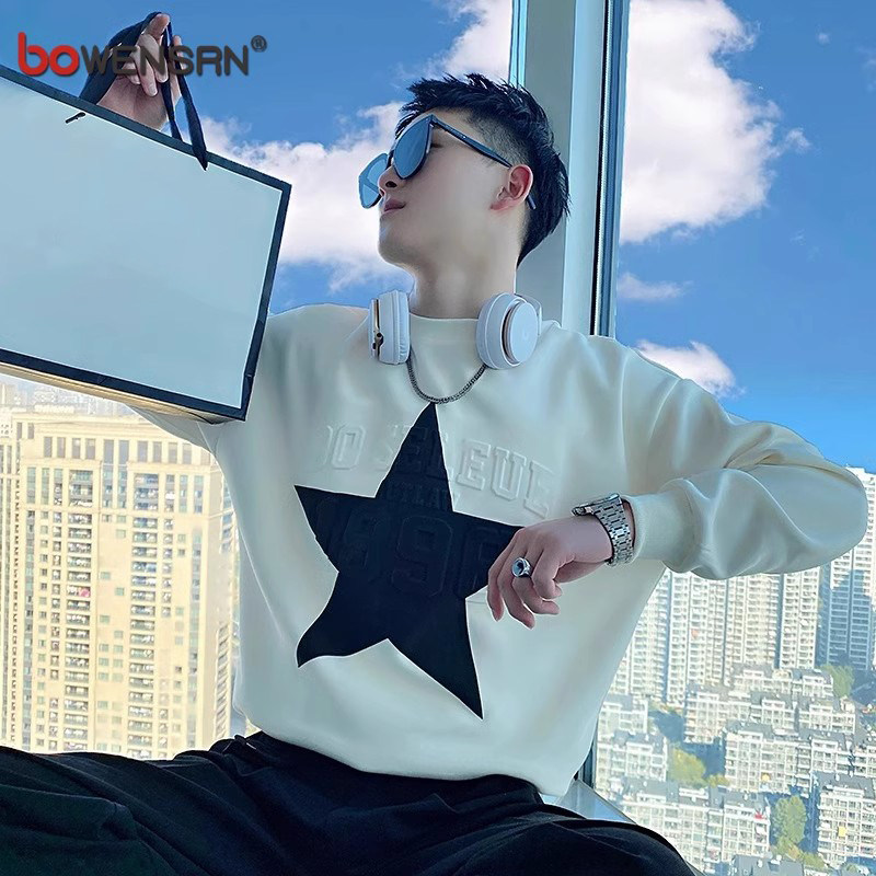 潮牌圆领卫衣男士长袖t恤2025新款春秋冬季高级感加绒打底衫男款