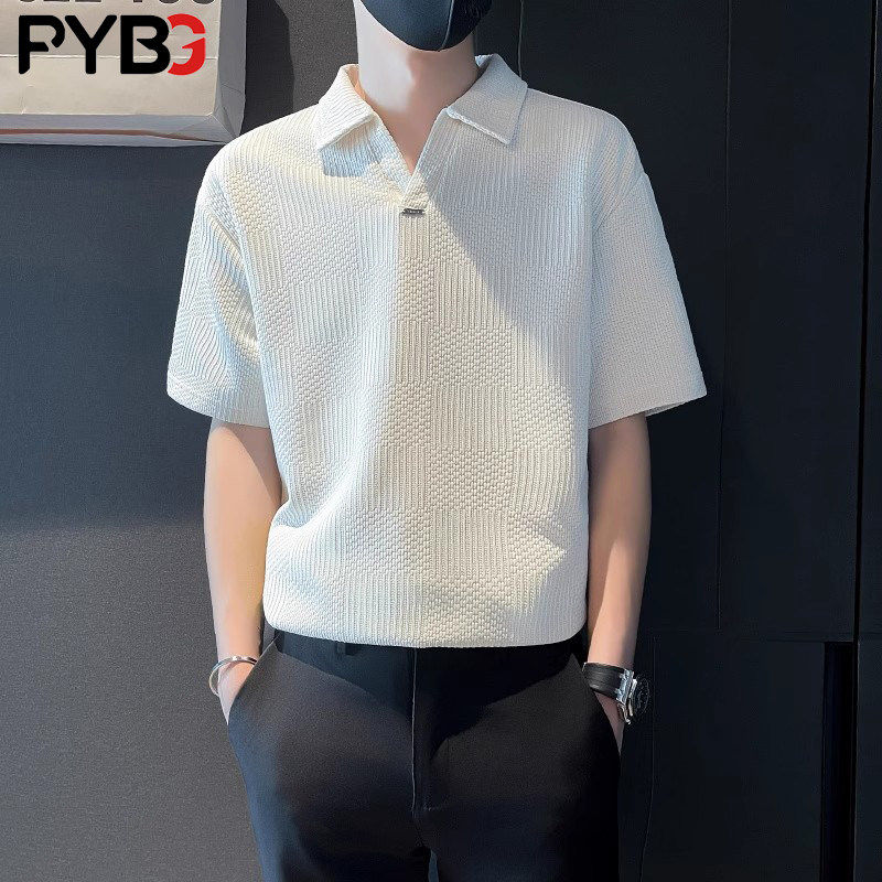 高级感海鸥V领冰丝男士短袖T恤polo衫夏季2026新款痞帅半袖男款潮