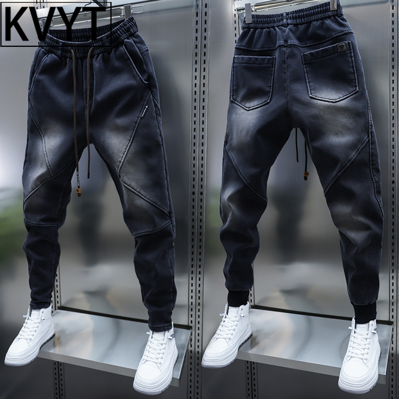 潮牌加绒牛仔裤男士2025年秋冬季新款拼接束脚加厚长裤男款休闲裤