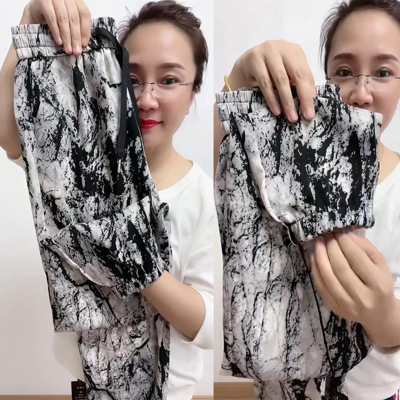 夏季新款冰丝休闲灯笼裤女宽松印花束脚哈伦裤高腰雪纺九分抖抖裤