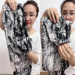 夏季新款冰丝休闲灯笼裤女宽松印花束脚哈伦裤高腰雪纺九分抖抖裤