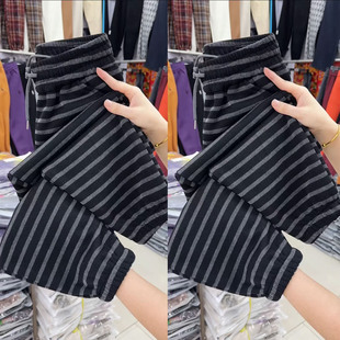 冬季新款条纹束脚裤女高腰宽松显瘦休闲裤加绒保暖哈伦裤百搭卫裤
