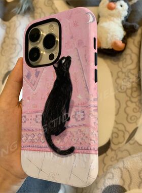 黑猫遥望适用于iPhone16promax手机壳iPhone17Air粉色15plus卡通14可爱13磨砂12保护套11小众女款7/8PXRXSMAX