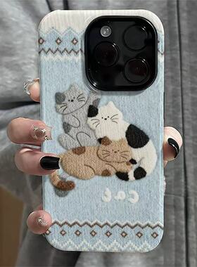 平面冬日趴趴猫适用iPhone17Air苹果16pro手机壳15plus二合一14秋冬13保护套12硬壳11女卡通可爱7/8PXRXSMAX
