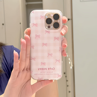 适用iPhone双层IMD粉色格子手机壳1415promax蝴蝶结iphone13小众11软16Pro华为P70荣耀X100VIVOX200小米15