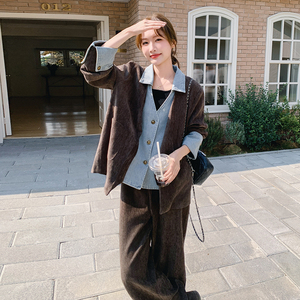 复古开衫穿搭一整套女春2025新款牛仔拼接假两件上衣阔腿裤两件套图片