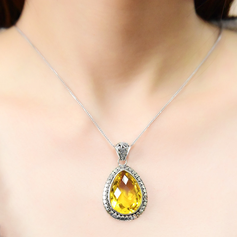 天然黄水晶吊坠S925银项链大气百搭水滴首饰民族风气质高级女颈饰