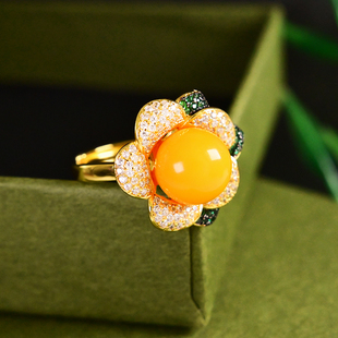 天然老黄蜜蜡戒指优雅珠宝S925纯银镀金戒圈气质花朵女款活口手饰