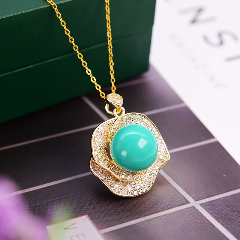 蒙古国绿松石吊坠简约圆形银项链时尚中式首饰个性百搭民族风颈饰
