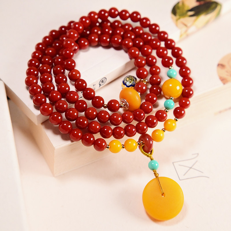 新中式天然南红玛瑙手链108颗念珠手串蜜蜡平安扣民族风项链手饰