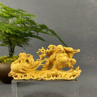 黄杨木雕刻创意工艺礼品居家摆件笑佛拉袋布袋福袋弥勒佛福满乾坤