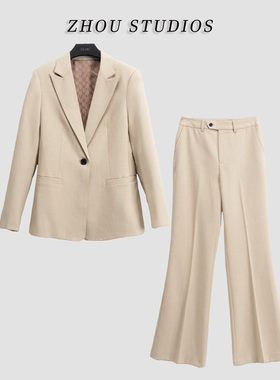 卡其色设计感通勤西装套装-15444
