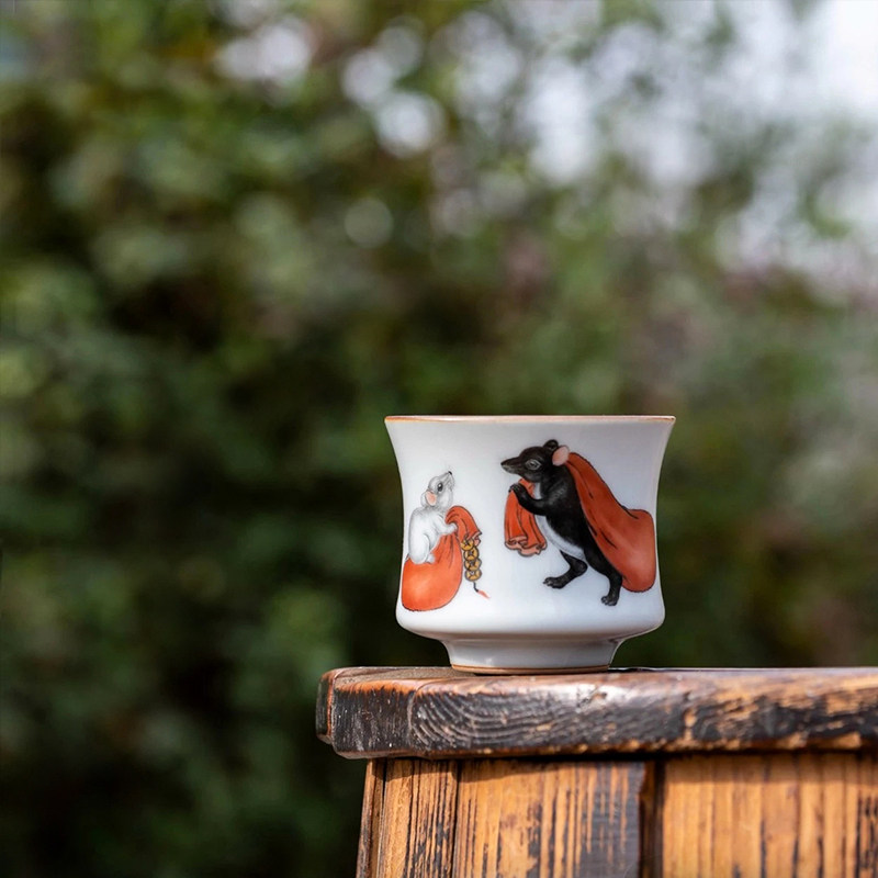 李善明手绘汝窑茶杯双鼠迎春杯景德镇中式复古功夫茶主人杯全手工