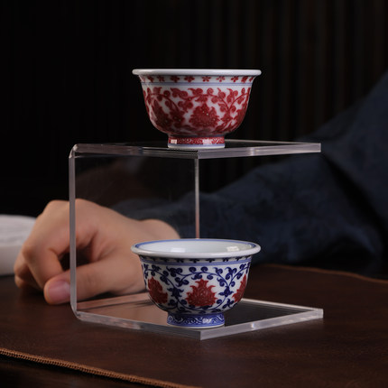 沐茗古韵青花釉里红缠枝莲迷你压手杯个人杯景德镇纯手工功夫茶杯