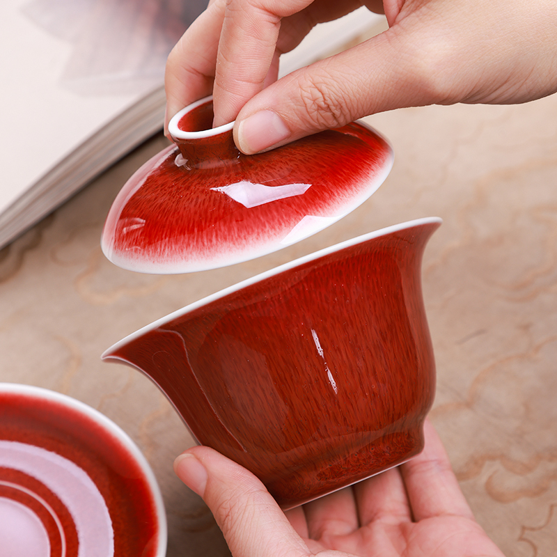 沐茗窑纯手工郎窑红盖碗单个