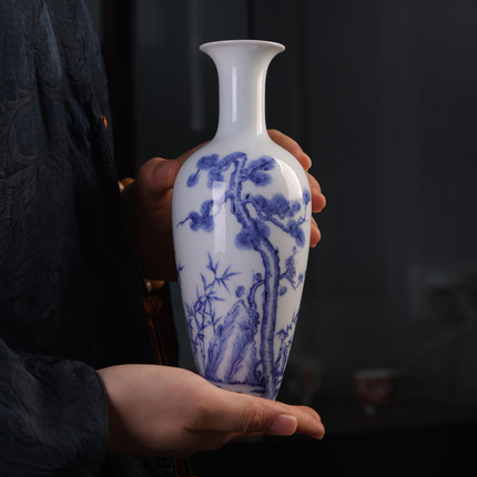 慕明柴窑青花瓷松竹梅柳叶瓶景德镇纯手工手绘新中式陶瓷花瓶摆件