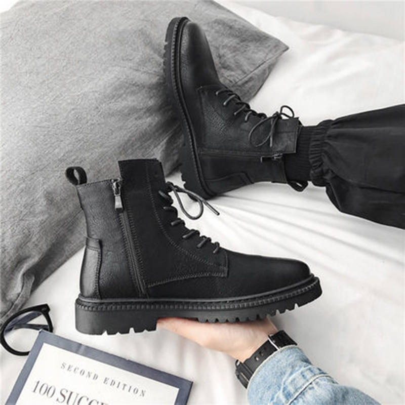 侧拉链高帮鞋马丁靴男潮冬季加绒中帮切尔西工装靴真皮短靴高级感