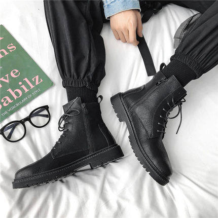 侧拉链高帮马丁靴男冬季加绒棉鞋百搭中帮黑色切尔西男靴真皮短靴