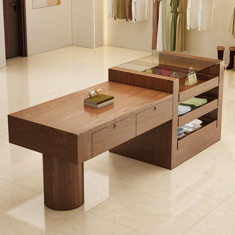 女装店中岛台胡桃色中古风小型展示柜网红复古服装店中岛桌定制