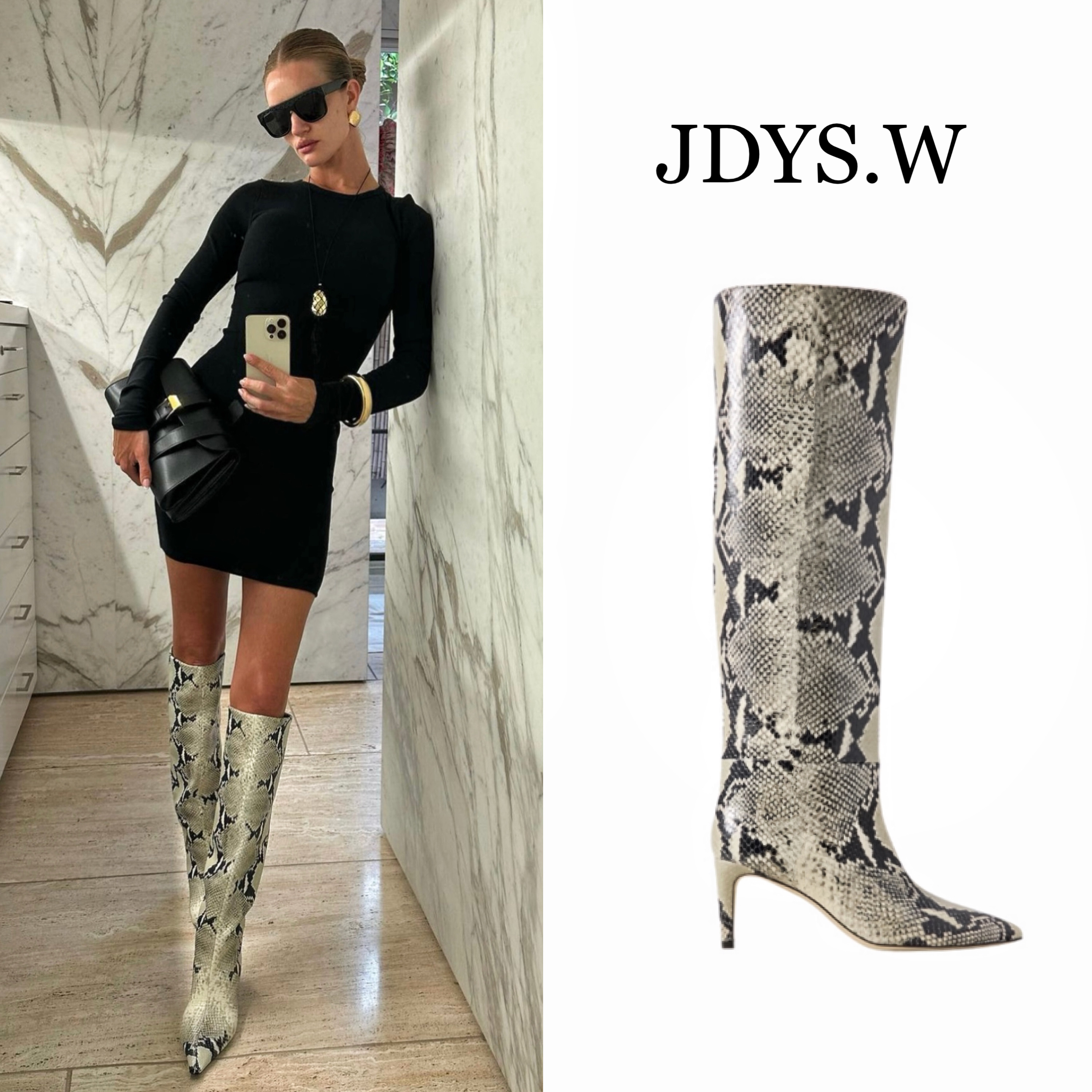 【复古蛇纹 】7cm高级大牌牛皮小众设计尖头细跟高跟直筒靴长靴