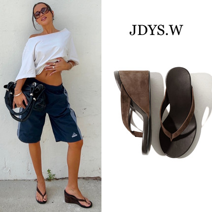 JDYS.W【好看绝了】坡跟8cm 咖色绒面超软夹脚人字拖拖鞋高跟鞋
