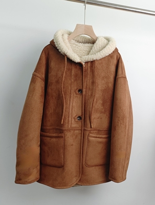2025新款麂皮绒羊羔毛环保皮草休闲连帽外套女冬季加厚皮毛一体