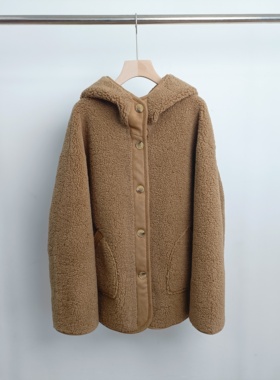 2025秋冬高级感驼色羊羔毛外套女加绒加厚皮毛一体连帽棉服超洋气