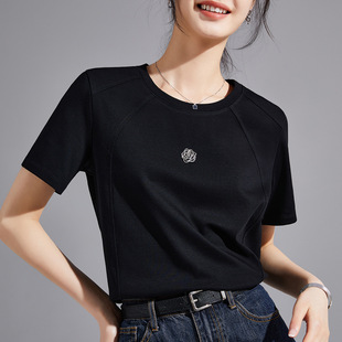 欧货2026新款黑色t恤女装短袖圆领正肩夏季高级设计感宽松上衣潮