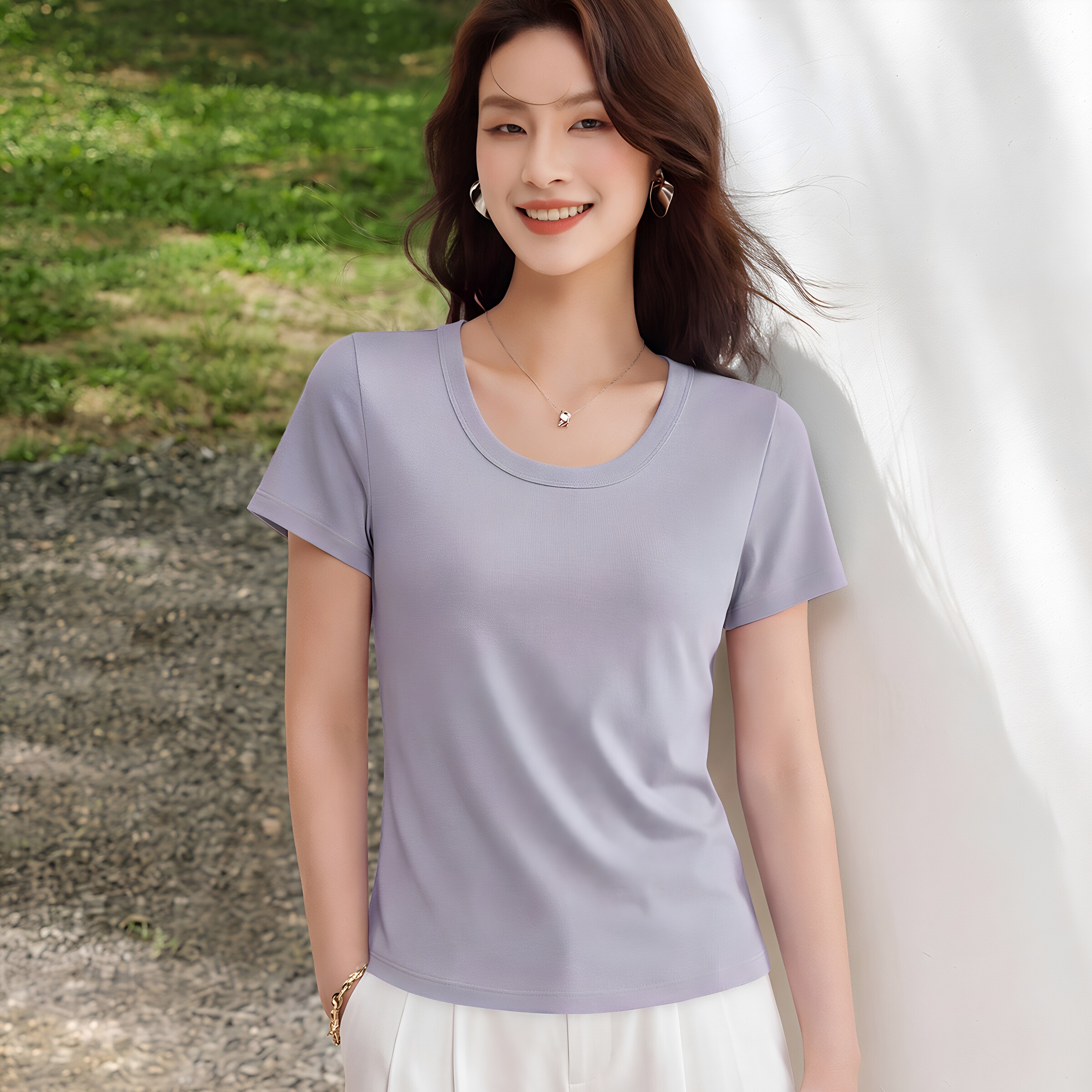 U领莫代尔真丝T恤女短袖修身显瘦