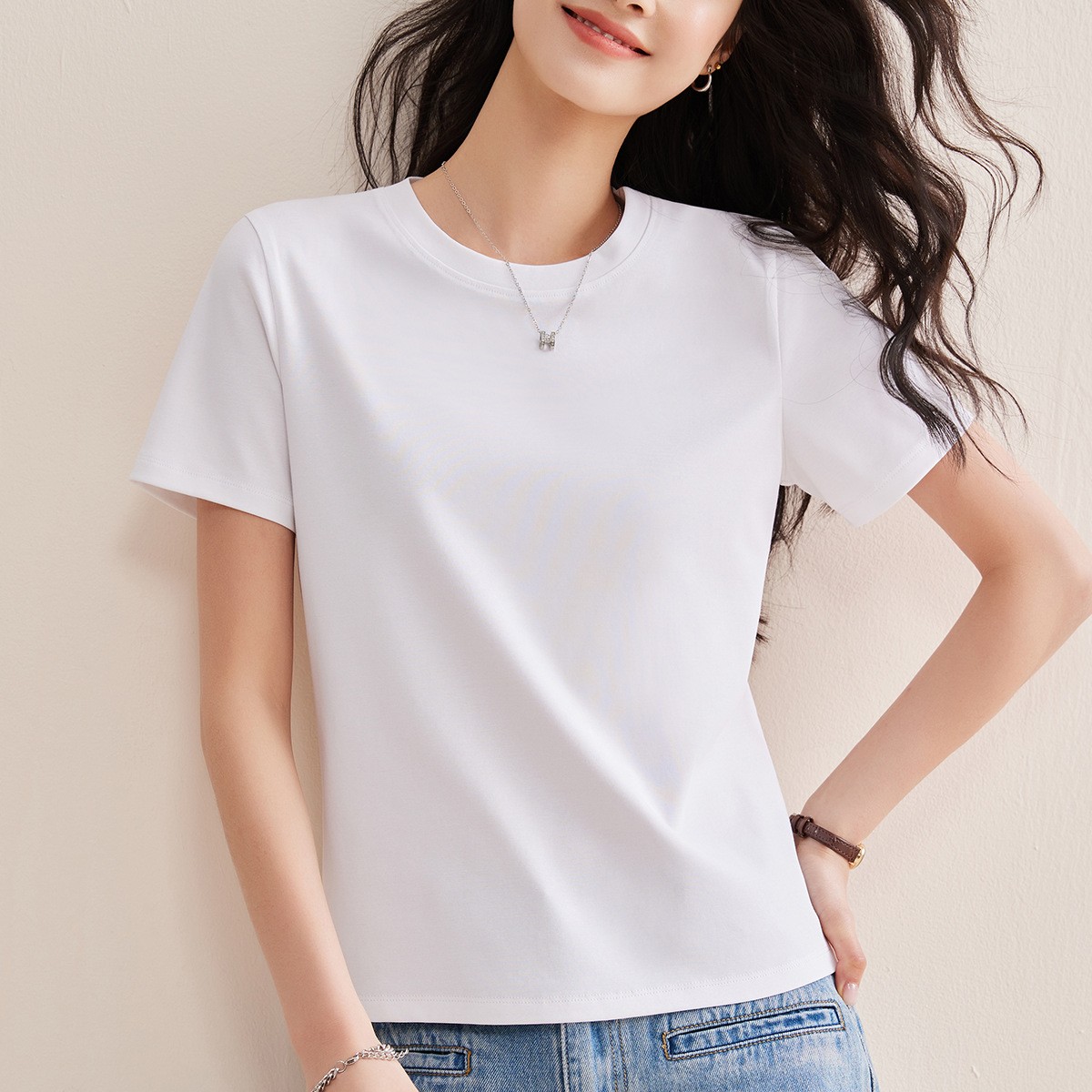 80S丝光棉短袖圆领修身t恤女上衣