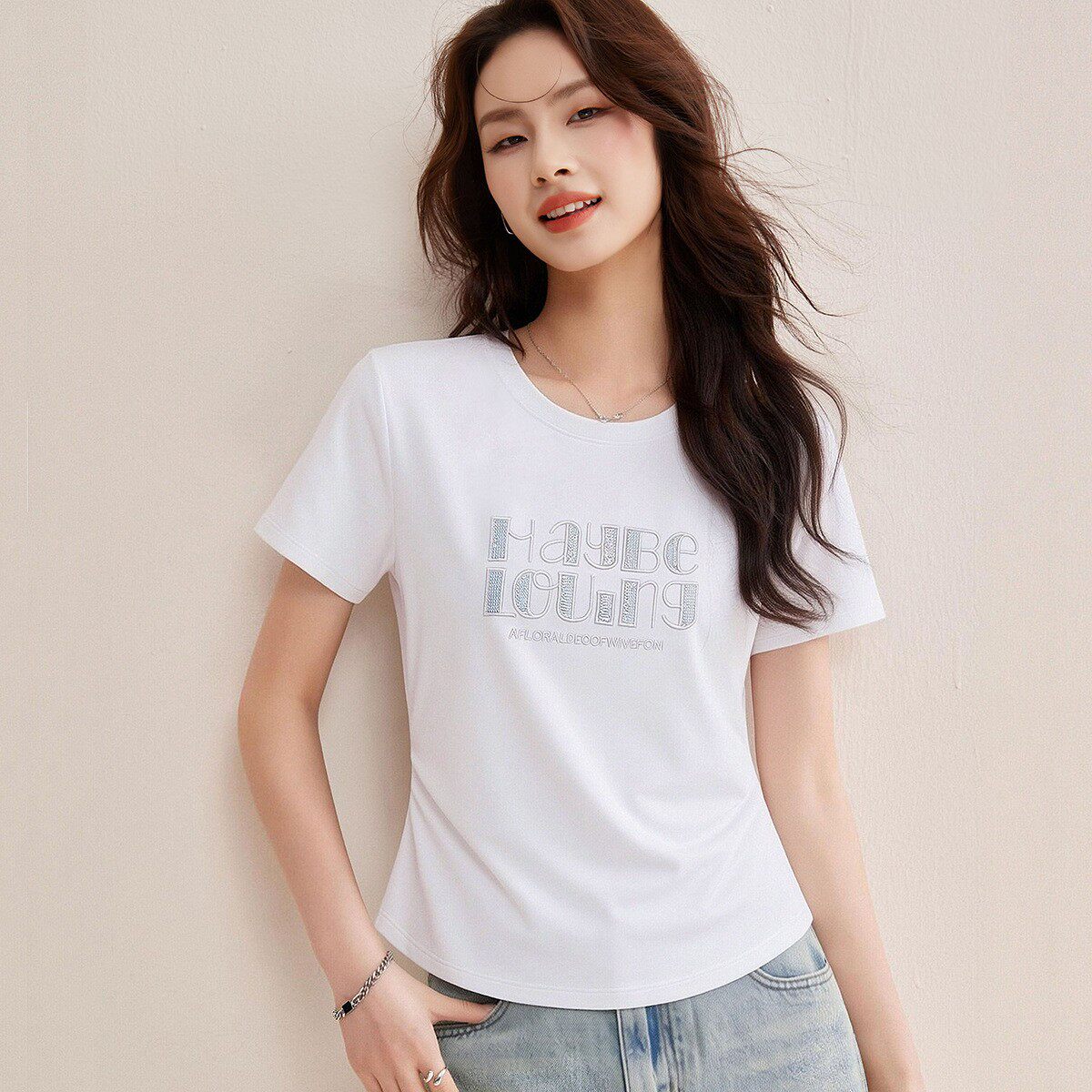 长绒棉刺绣珠片收腰显瘦T恤女