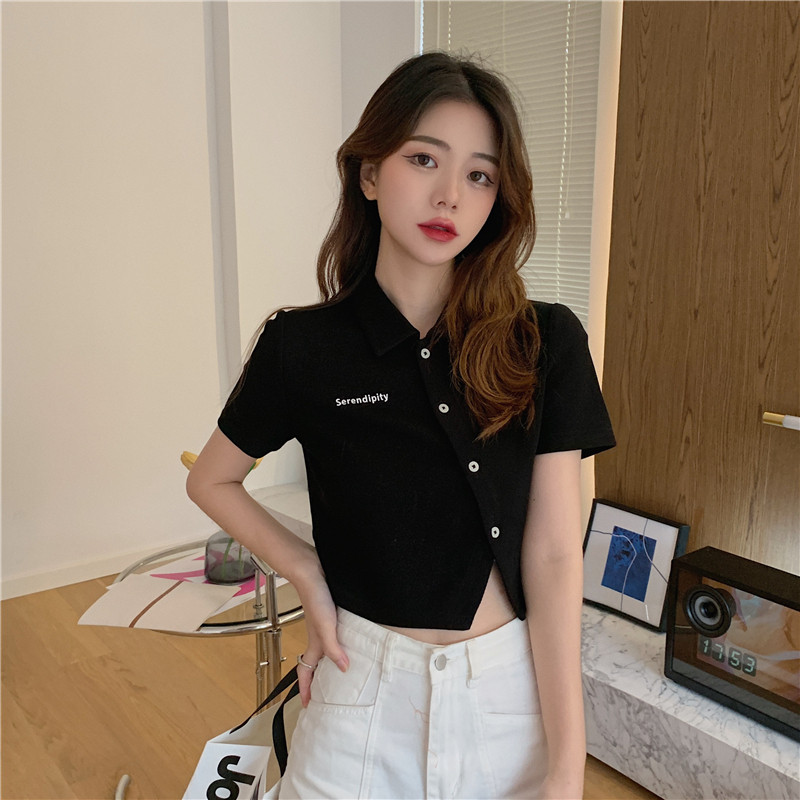 여름 디자인 경사 옆을 터 놓은 부분 짧은 대형 여름 지방 MM 탑 폴로 셔츠 슬림 반소매 매력 티셔츠 여성용