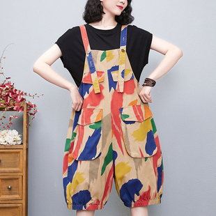 胖妹妹宽松显瘦遮肉迷彩印花五分牛仔背带短裤 韩版 女裤 大码 女 夏季