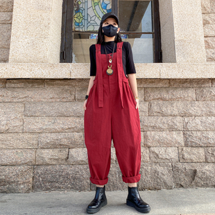 秋冬季新款大码女装胖mm工装背带裤休闲复古宽松显瘦吊带裤子女