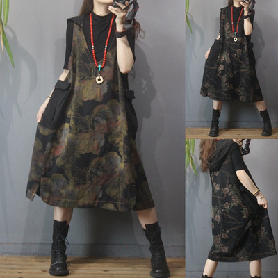 胖妹妹印花大口袋背心裙连帽中长裙