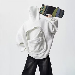 网红别致机能机车设计感立体书包开衫 卫衣男重磅boxy外套情侣上衣
