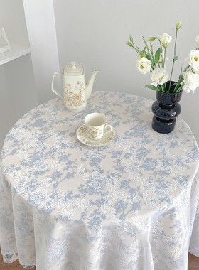 ins简约田园蓝色碎花蕾丝桌布拍照背景布户外野餐棉麻布茶几布