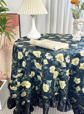 法式洛可可美式复古荷叶边碎花绒布桌布卧室书房桌布黑色花边装饰