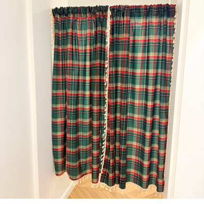 圣诞节美式窗帘门帘格子成品窗帘圣诞装饰免打孔穿杆窗帘鞋柜帘