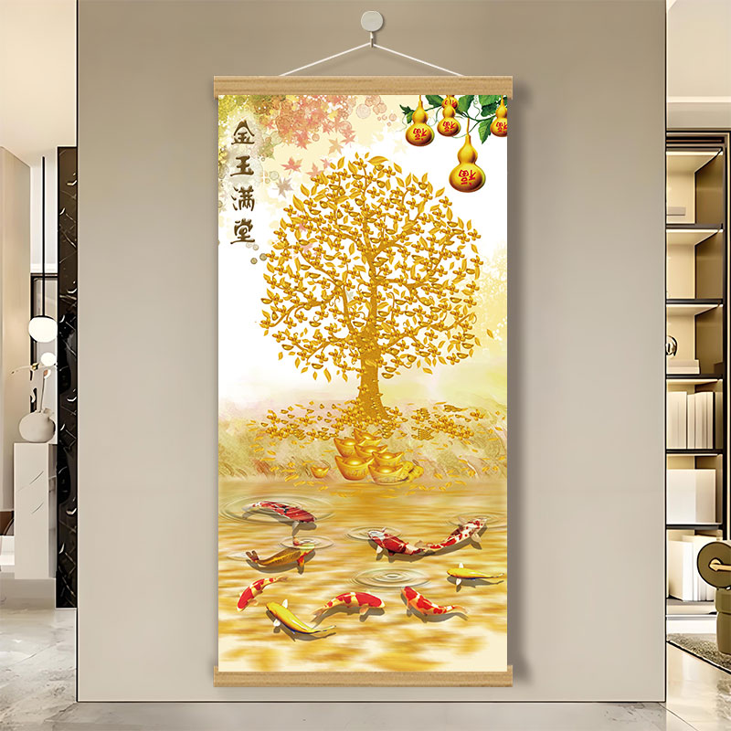 黄金发财树新中式挂画客厅装饰画入户玄关摇钱树财源滚滚卷轴挂画图片