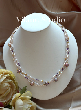 淡水编织三层随意紫珠粉色少女可爱小米珠项链多层大小珠45cm