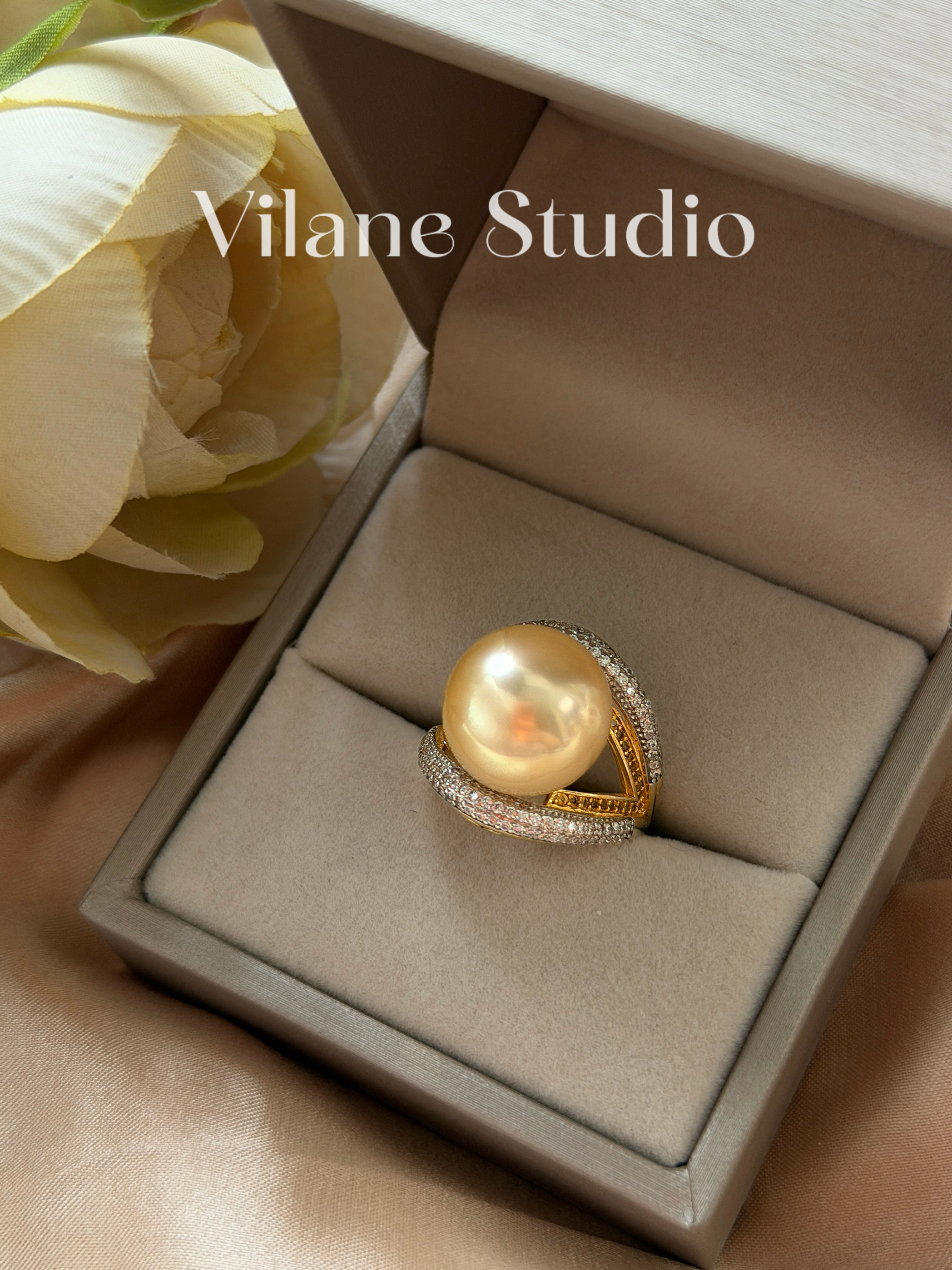 海水南洋金珠大点位13+金银双色纯银开口戒指 一物一拍13.76