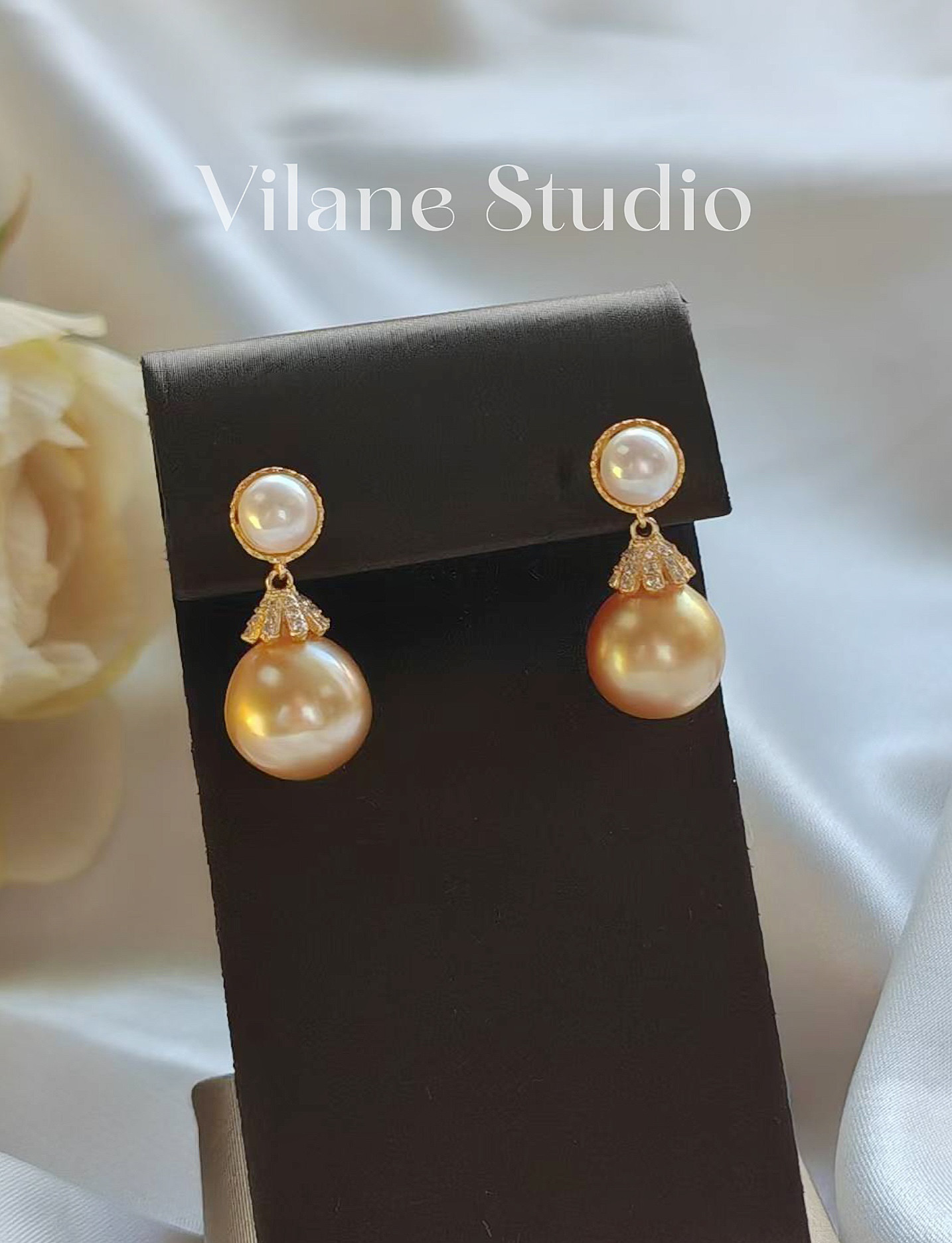 海水金珠浓金彩虹金茶金10-11双珠Akoya 5-6 纯银耳钉 干净 ji光